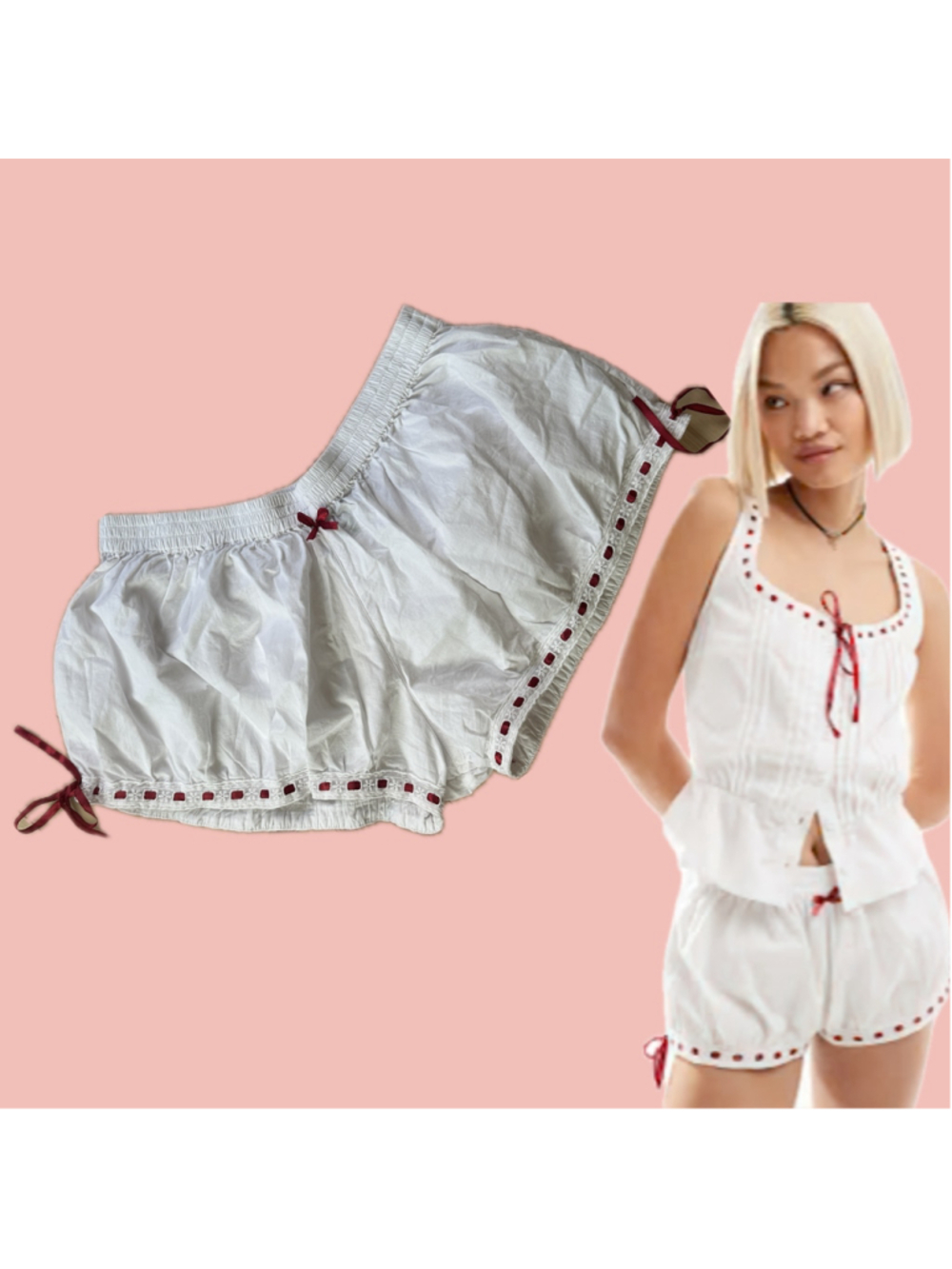 Motel White Cotton Bloomer Shorts Red Ribbon Coquette XL